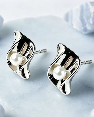 Brushed-finish wavy pearl stud earrings