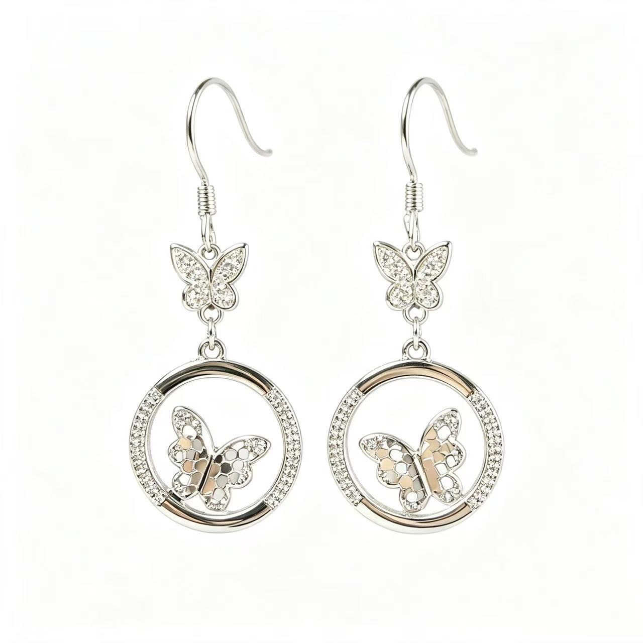 Openwork hoop and butterfly drop earrings