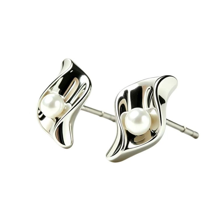 Brushed-finish wavy pearl stud earrings 4