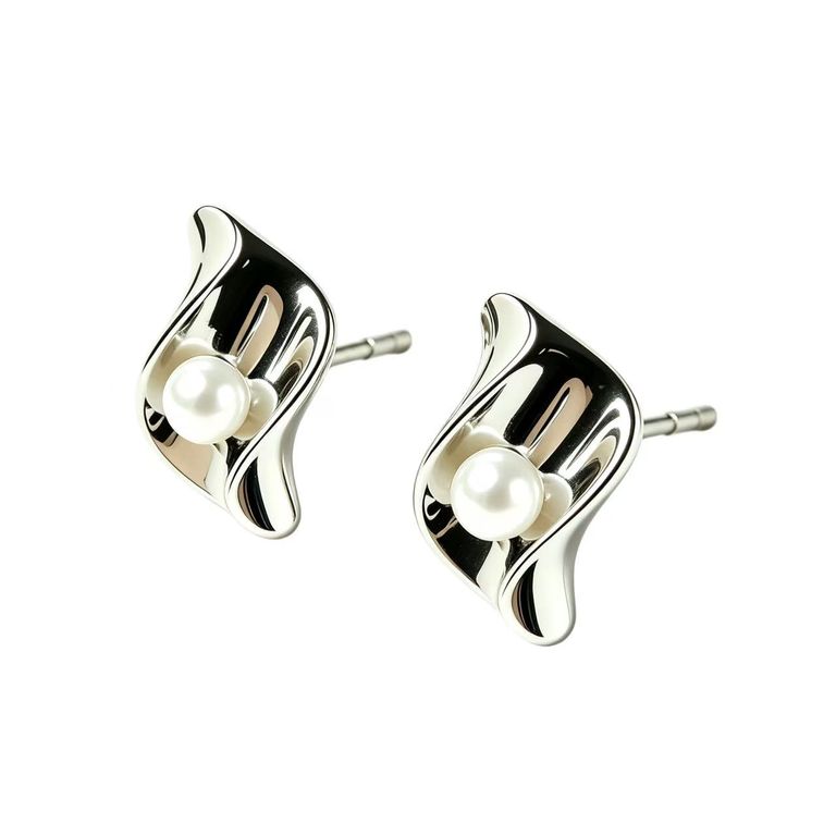 Brushed-finish wavy pearl stud earrings 5
